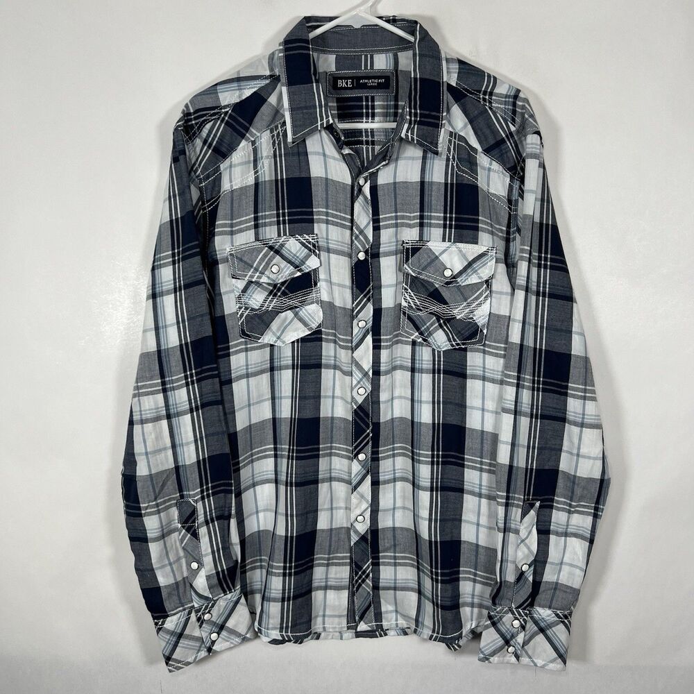 Buckle BKE Athletic Fit Pearl Snap Western Shirt Mens Size Large Navy Blue Plaid